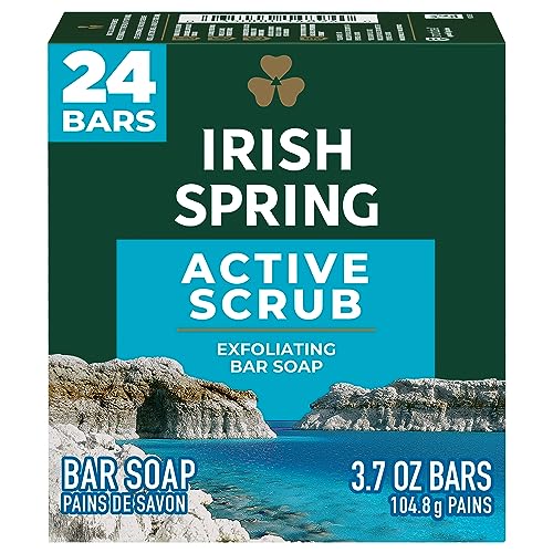 519a43ui2aL.jpg Irish Spring Active Scrub Mens Bar Soap, Men's Exfoliating Bar Soap, Smell Fresh and Clean for 12 Hours, Men Soap Bars for Washing Hands and Body, Recyclable Carton, 24 Pack, 3.7 Oz Soap Bars - Image 1