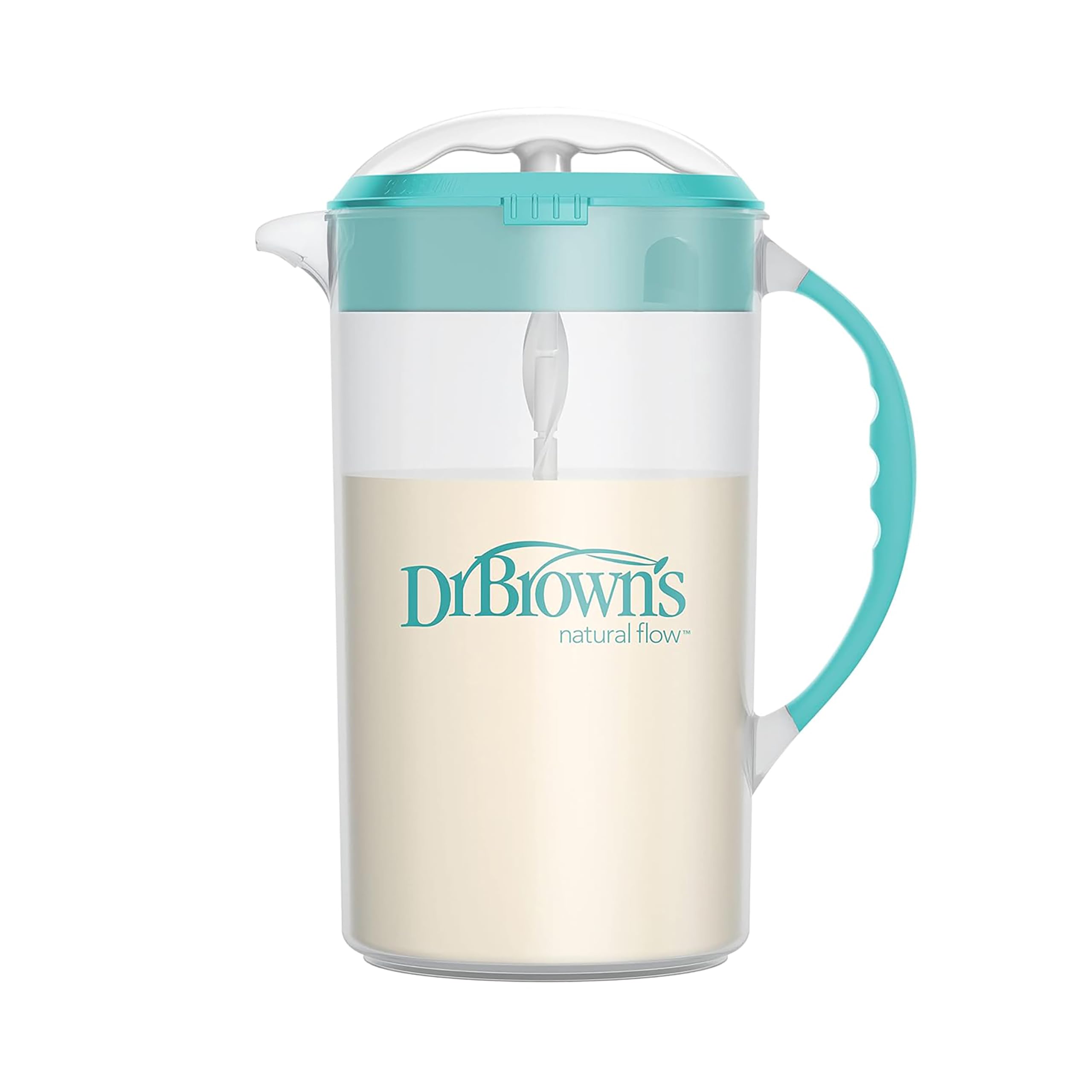 61lzMZdIYLL Dr. Brown's Baby Formula Mixing Pitcher with Adjustable Stopper, Locking Lid, & No Drip Spout, 32oz, BPA Free, Teal - Image 1