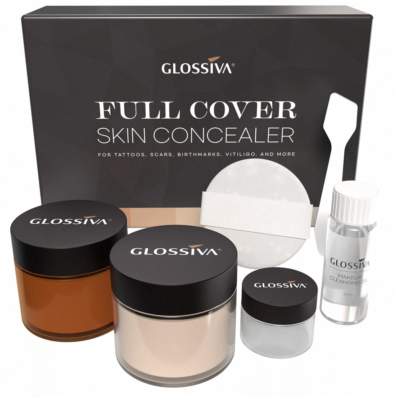 Version 1.0.0 Glossiva Tattoo Cover Up Makeup Waterproof Concealer For Dark Spots, Scars, Vitiligo, And More - 2x30ml - Use on Body, For Legs, for Men and Women (2x30ml) - Image 1