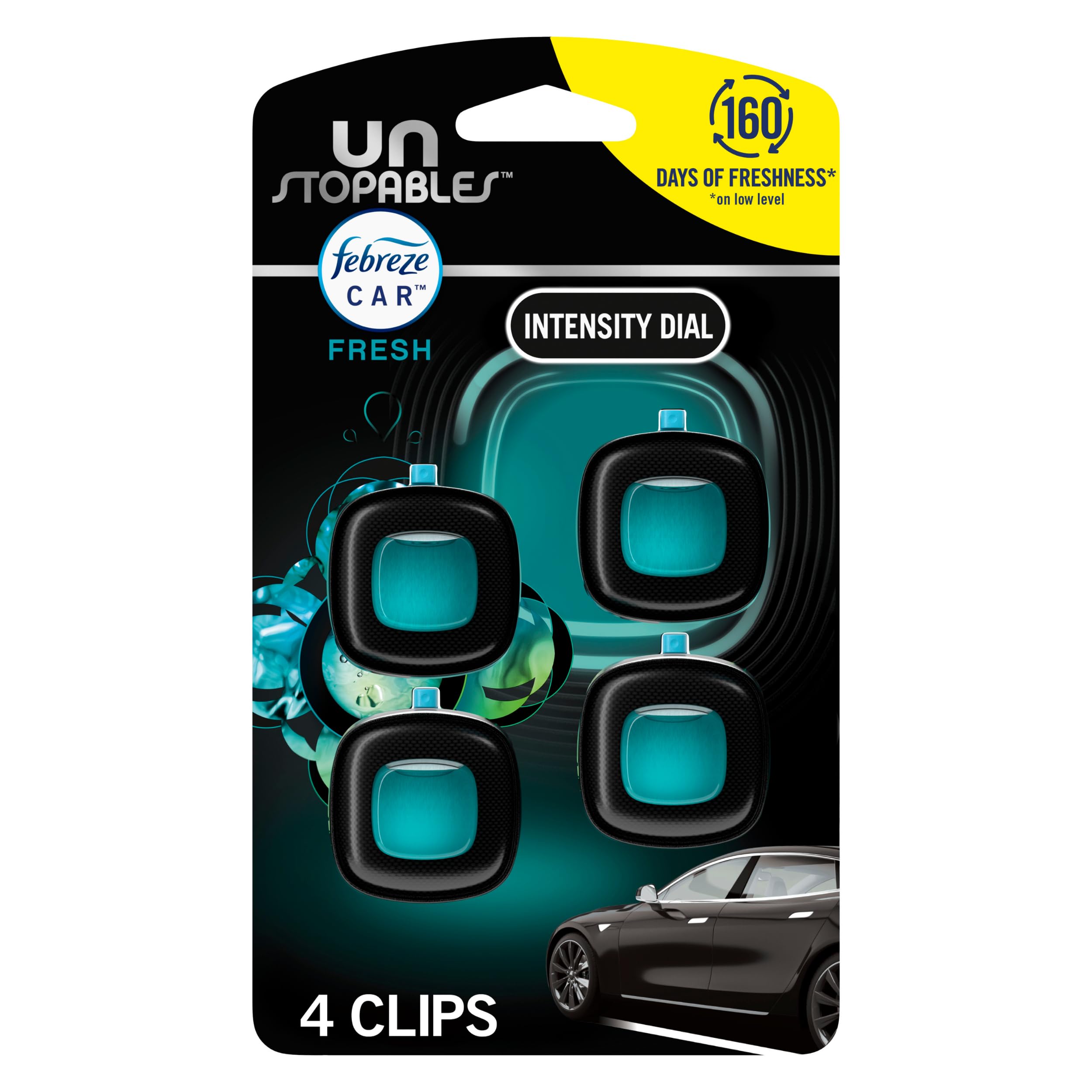 71NyyaFYXFL Febreze Unstopables Car Odor-Fighting Car Freshener Vent Clip Fresh Scent, .07 oz. Car Vent Clip, Pack of 4 (Packaging may vary) - Image 1