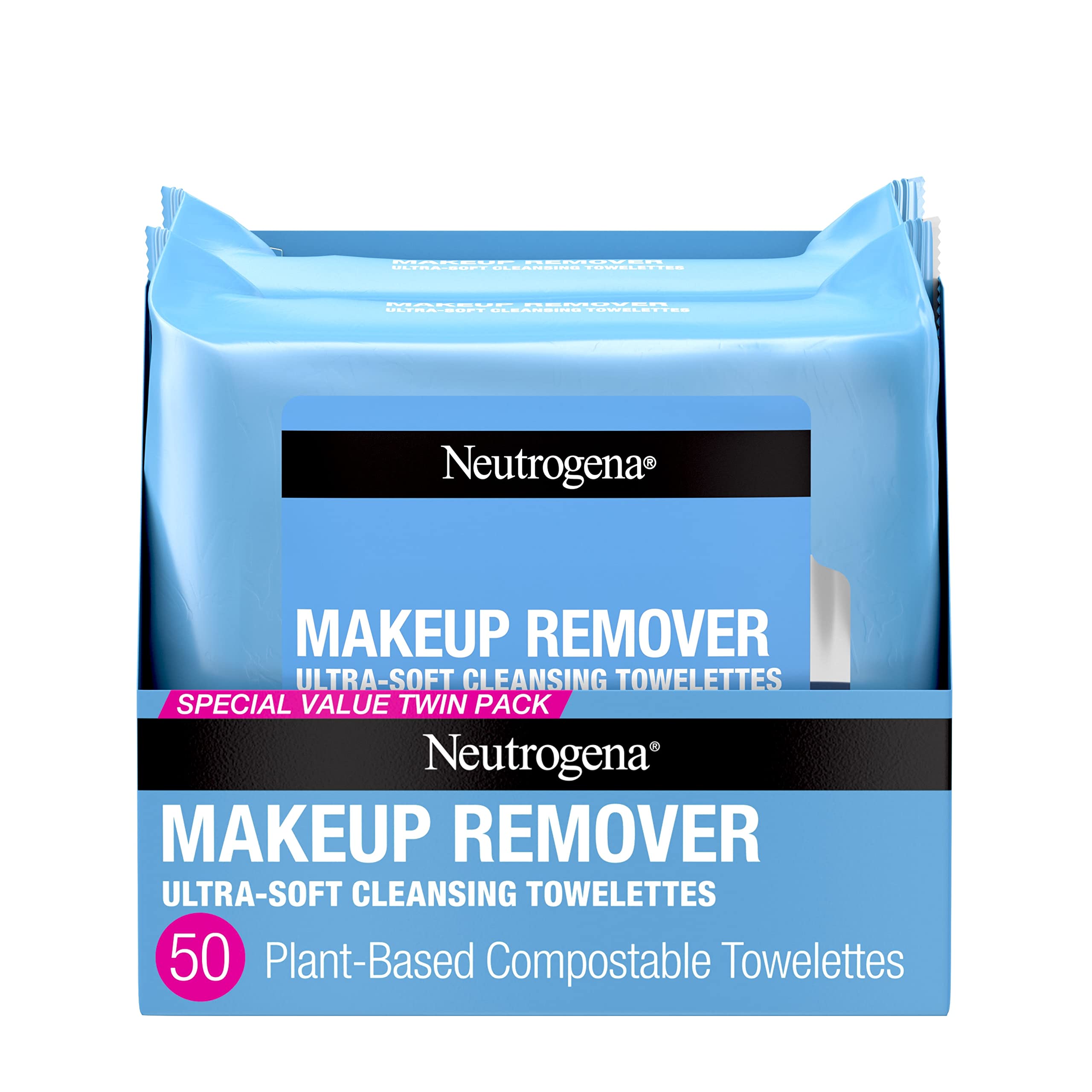 Version 1.0.0 Neutrogena Makeup Remover Wipes, Ultra-Soft Cleansing Facial Towelettes for Waterproof Makeup, Alcohol-Free, Plant-Based, Twin Pack, 25 Count (Pack of 2) - Image 1