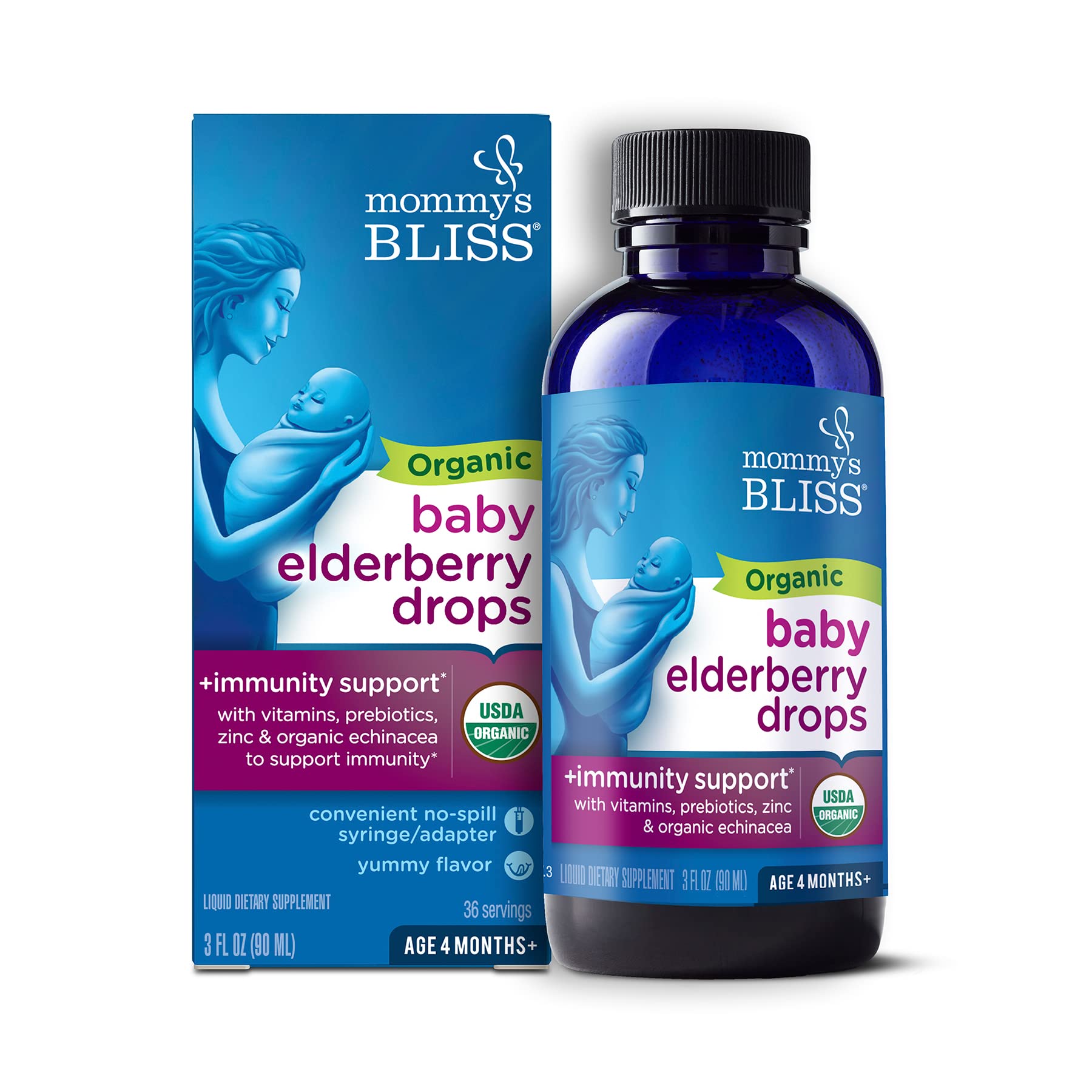 Version 1.0.0 Mommy's Bliss Organic Baby Elderberry Drops, Immune Support with Vitamins, Prebiotics, Zinc & Organic Echinacea, Age 4 Months +, 3 Fl Oz (36 Servings) - Image 1
