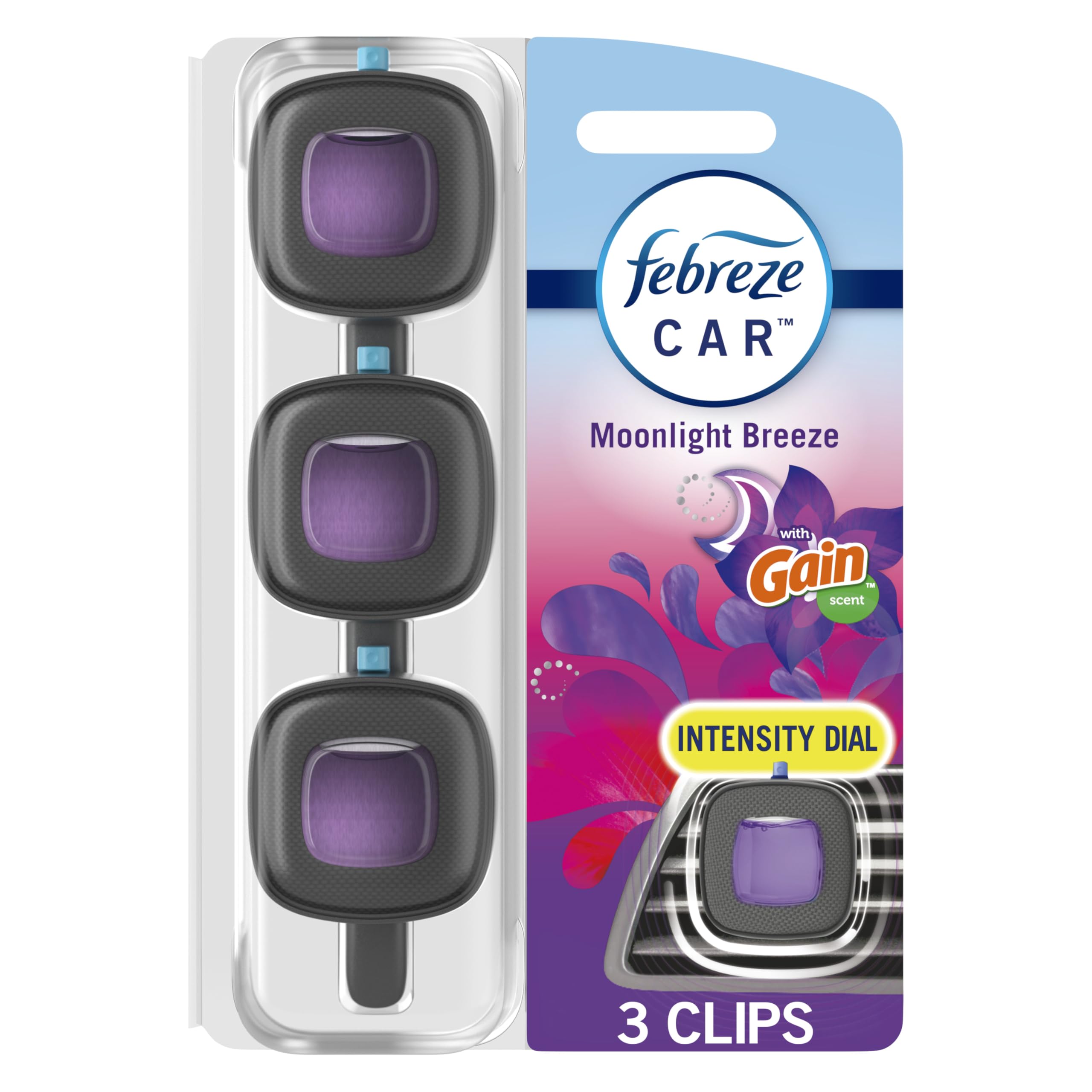 71crZkISSAL Febreze Car Air Freshener Vent Clip Gain Moonlight Breeze Scent, .07 oz. Car Vent Clip, Pack of 3 and Stay-Fresh Storage Case - Image 1