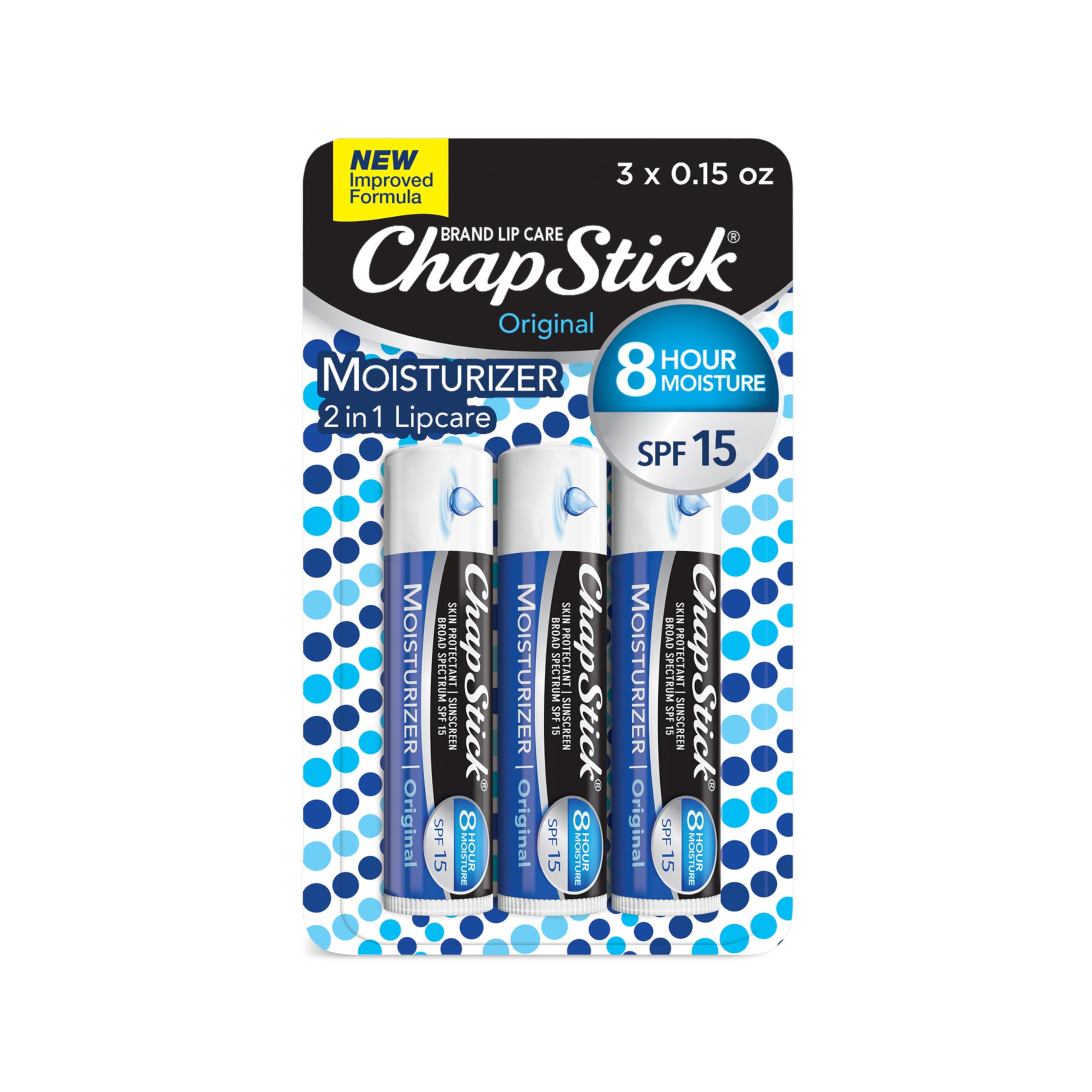 Version 1.0.0 ChapStick Moisturizer Original Lip Balm Tubes, SPF 15 and Skin Protectant - 0.15 Oz, 3 Count (Pack of 1) - Image 1