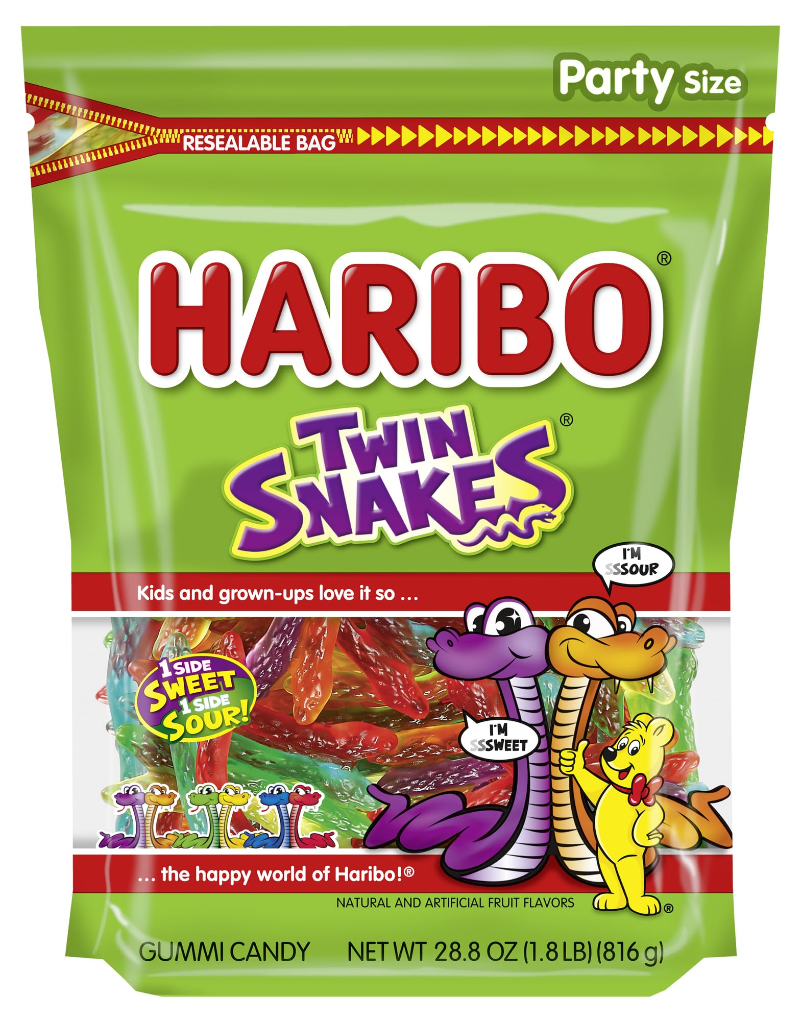 812jfmv5bbL HARIBO Gummi Candy, Twin Snakes Sweet & Sour Gummy Candy, 28.8 Ounce Resealable Party Size Stand Up Bag, Soft & Chewy Snacks, Assorted Fruity Flavors - Image 1