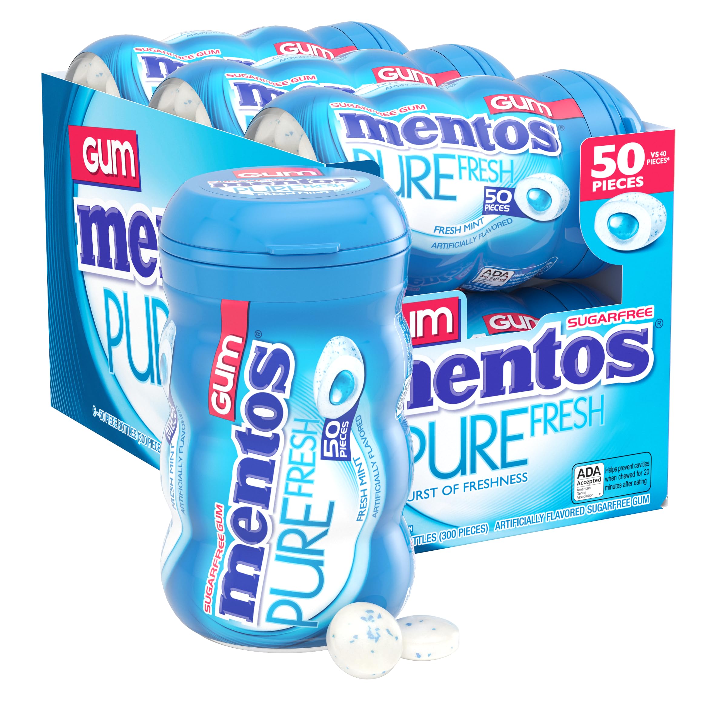 81DPBwXcInL Mentos Pure Fresh Sugar-Free Chewing Gum with Xylitol, Fresh Mint, 50 Piece Bottle (Bulk Pack of 6) - Image 1