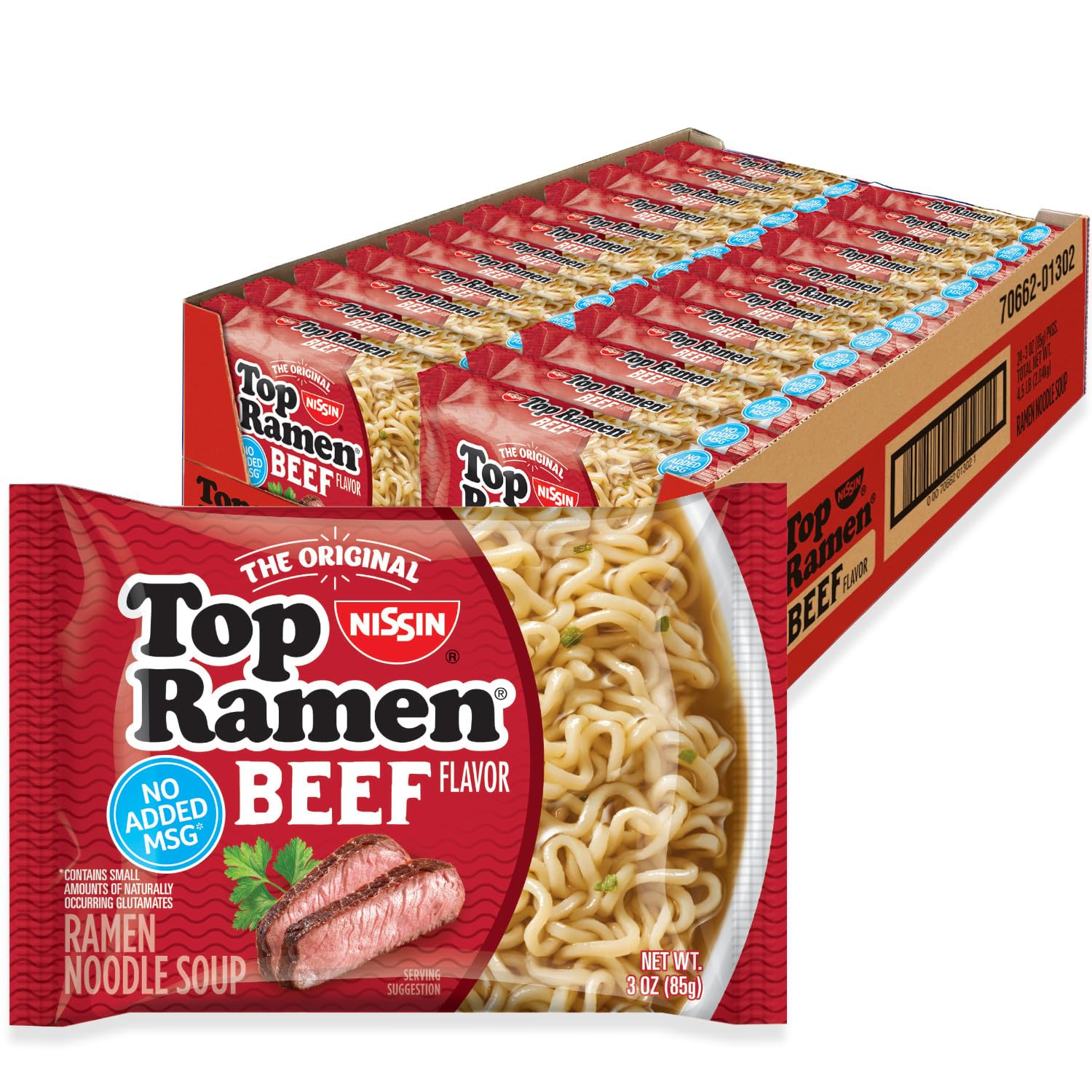 81MzOPkV+WL Nissin Top Ramen Noodle Soup, Beef, 3 Ounce (Pack of 24) - Image 1