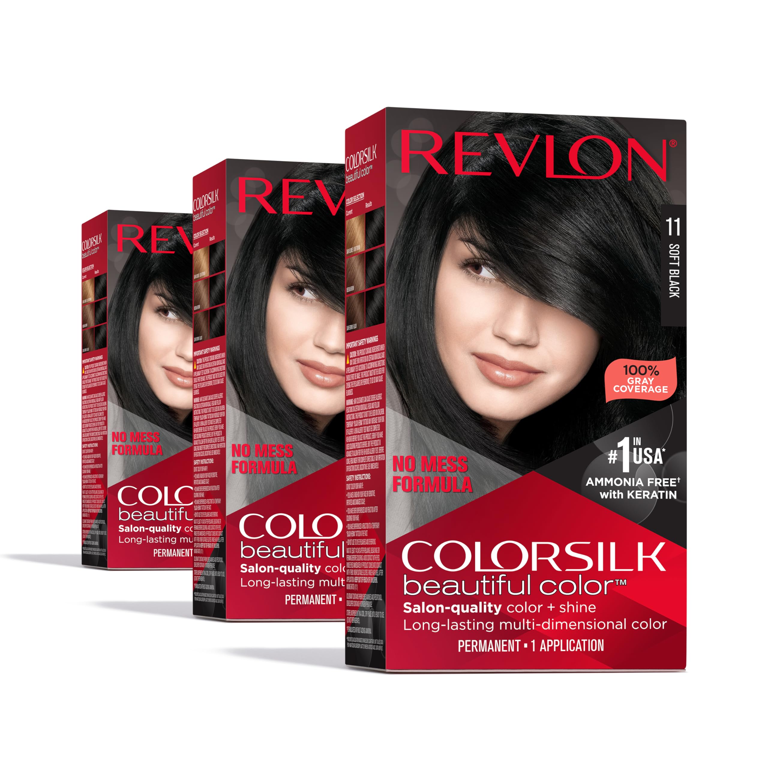 Version 1.0.0 Permanent Hair Color by Revlon, Permanent Black Hair Dye, Colorsilk with 100% Gray Coverage, Ammonia-Free, Keratin and Amino Acids, Black Shades, 11 Soft Black (Pack of 3) - Image 1