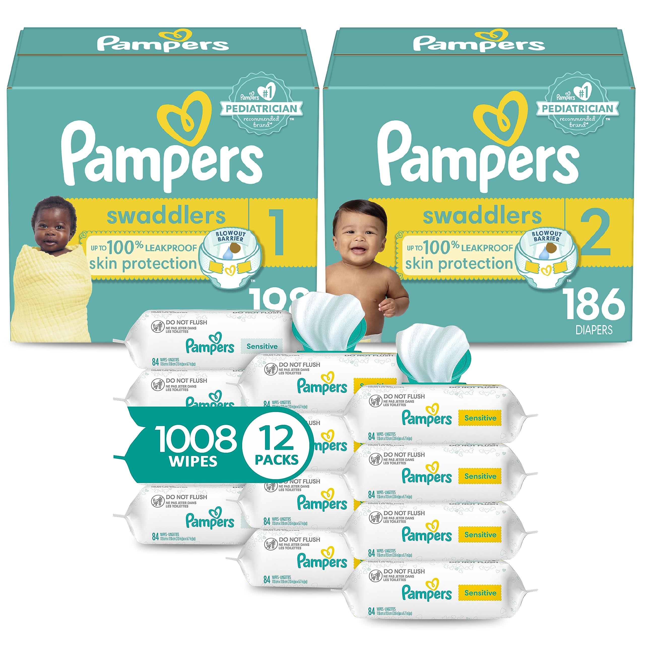 Version 1.0.0 Pampers Baby Diapers and Wipes Starter Kit, Swaddlers Disposable Sizes 1 (198 Count) & 2 (186 Count) with Sensitive Water Based 12X Multi Pack Pop-Top Refill (1008 Count) - Image 1