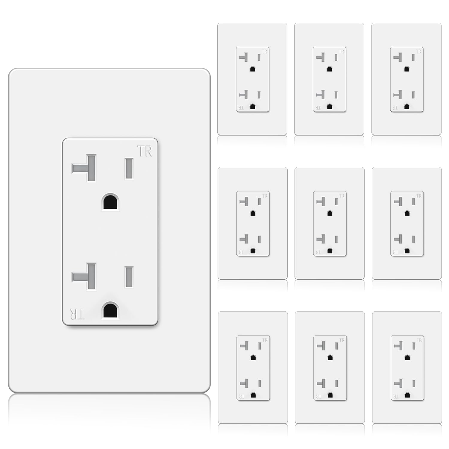 Version 1.0.0 BESTTEN 10 Pack 20 Amp Receptacle Outlet with Tamper Resistant, Screwless Wallplate Included, 20A/125V/2500W, UL Listed, White - Image 1